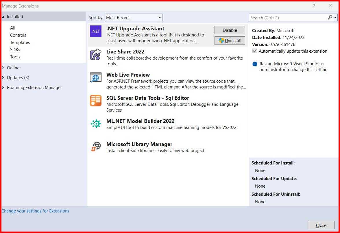 Picture showing the .Net upgrade assistant installed in visual studio extensions